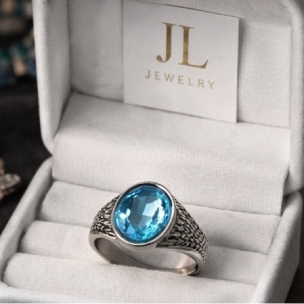 💙Striking Blue Gem 💎 Textured Silver Tone Ring 💙 Unisex - Picture 4 of 6